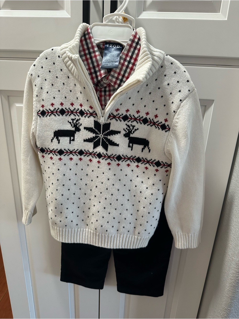 Izod Boys Cream Fair Isle Half-Zip Sweater with Black & Red Accents